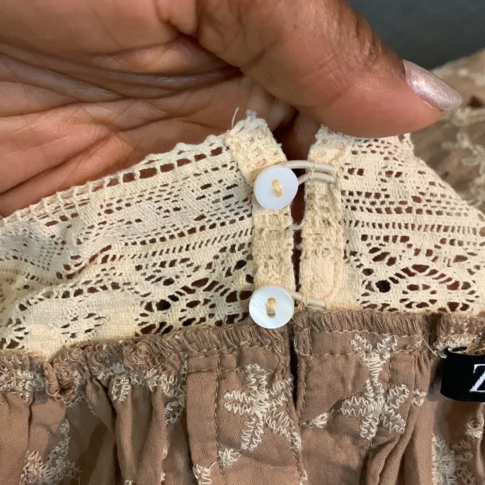 ZARA NEW Embroidered Blouse Beige Tan Small Button Cuffs Romantic Victorian - Picture 11 of 15